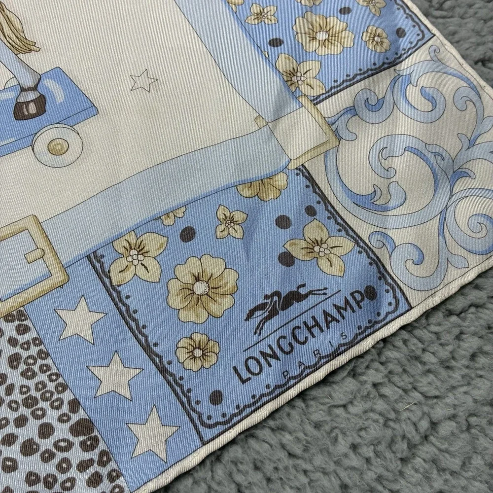 Vintage Longchamp Silk Scarf 34x34 Blue Horse Equestrian Floral Italy Square